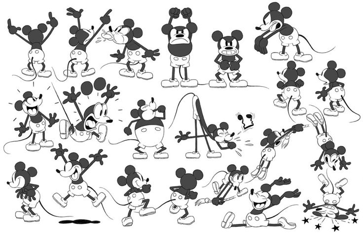 various mickey mouses are shown in this black and white drawing style, with different poses