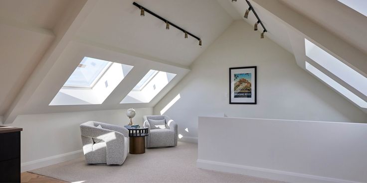 an attic living room with white furniture and skylights