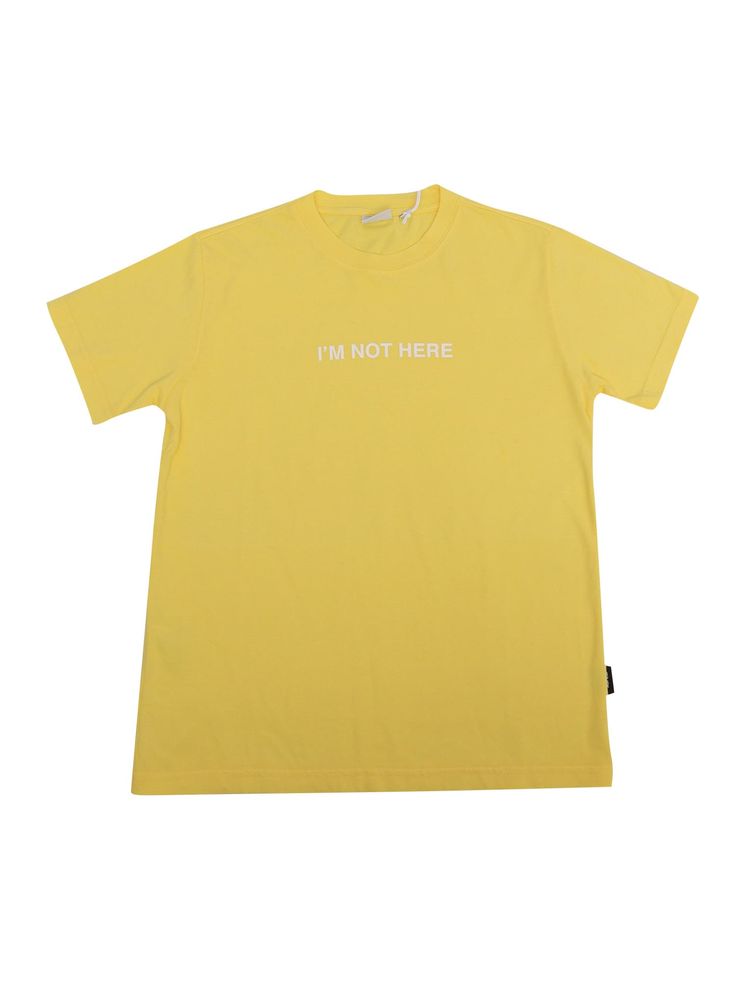 Yellow short-sleeved cotton T-shirt with writing printed on the front.Composition: 100% COTTON Cotton T-shirt With Letter Print, Unisex Logo Print T-shirt For Summer, Tan Graphic Tee With Letter Print, Casual Name Print T-shirt For Summer, Casual Yellow Tops With Name Print, Graphic Tee With Name Print For Streetwear, Casual Tan T-shirt With Letter Print, Unisex Cotton T-shirt With Letter Print, Basic Short Sleeve T-shirt With Letter Print