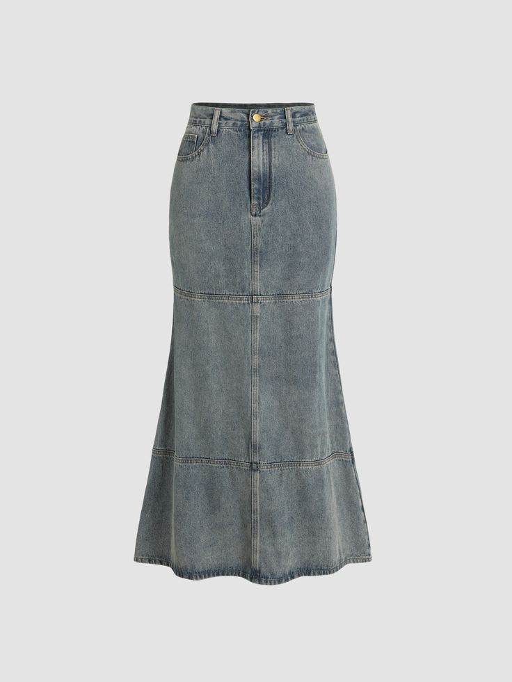 a woman wearing a denim skirt Fitted High Rise Washed Skirt, Fitted Washed Denim Skirt, Fitted Washed Blue Skirt With Pockets, Fitted Washed Denim Blue Skirt, Fitted Denim Blue Washed Skirt, Fitted Blue Washed Skirt, Fitted Washed Blue Denim Skirt, Mermaid Maxi Skirt, Skirts Denim