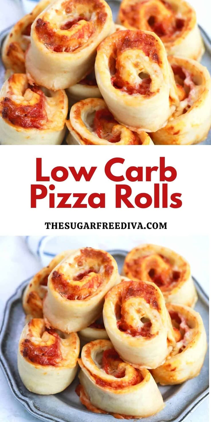 low carb pizza rolls on a plate with text overlay that reads low carb pizza rolls