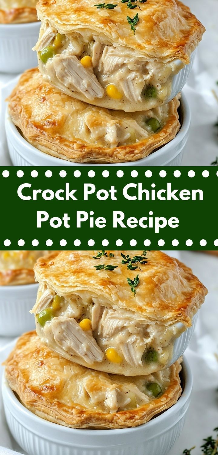 crock pot chicken pot pie recipe is shown in three different images with text overlay