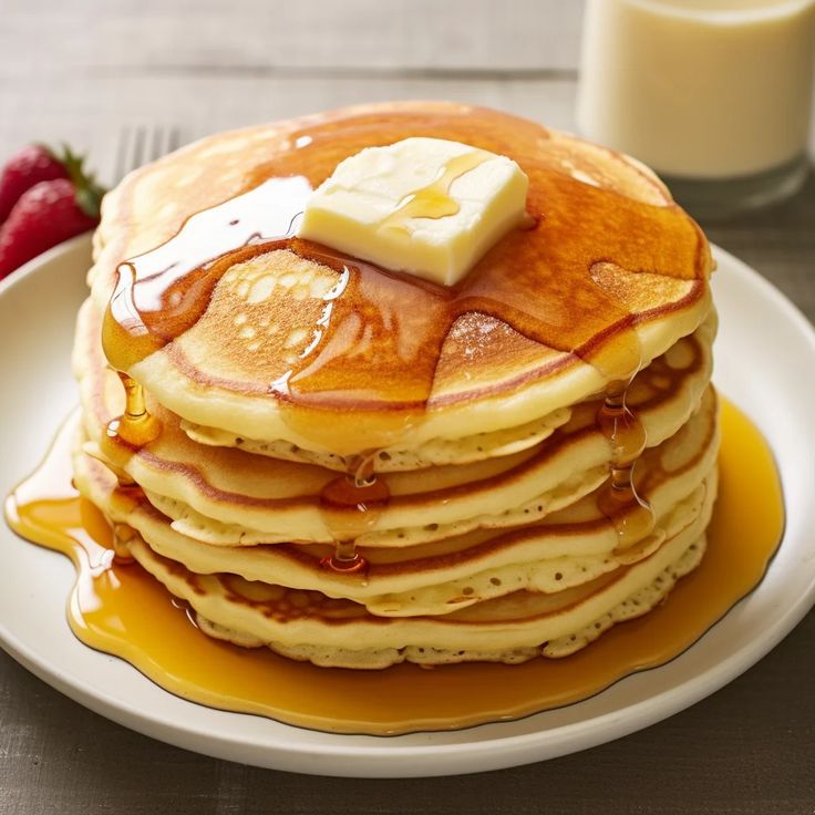 a stack of pancakes with butter and syrup