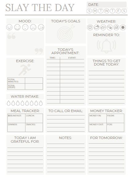 the daily planner is shown in grey and white, with notes on each page to help you