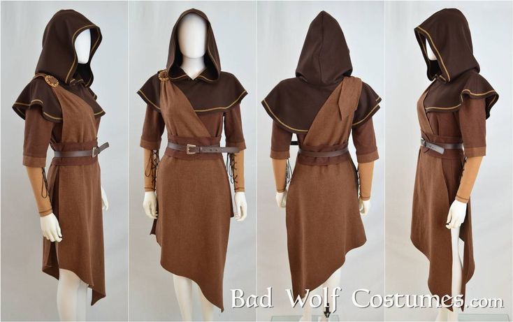 three different views of a woman's dress with hoods and belted sleeves