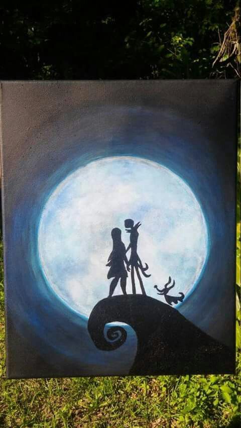 a painting of the silhouettes of two people standing on top of a wave in front of a full moon