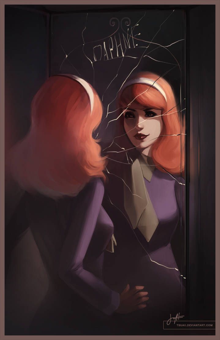 a woman with long red hair standing in front of a window looking at her reflection