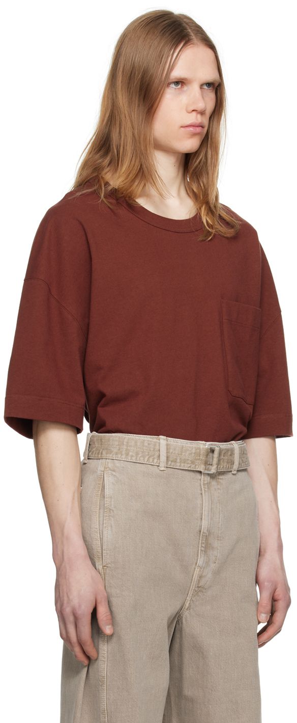 Heavyweight cotton- and linen-blend jersey T-shirt. · Rib knit crewneck · Patch pocket · Vented side seams · Dropped shoulders Supplier color: Cherry mahogany Fall Short Sleeve Top With Side Pockets, Short Sleeve Top With Side Pockets For Fall, Fall Tops With Side Pockets And Short Sleeves, Casual Brown Tops With Side Pockets, Brown Crew Neck T-shirt For Work, Crew Neck Top With Side Pockets For Workwear, Brown Crew Neck Top With Pockets, Relaxed Boxy Fit T-shirt, Cotton T-shirt With Boxy Fit And Drop Shoulder