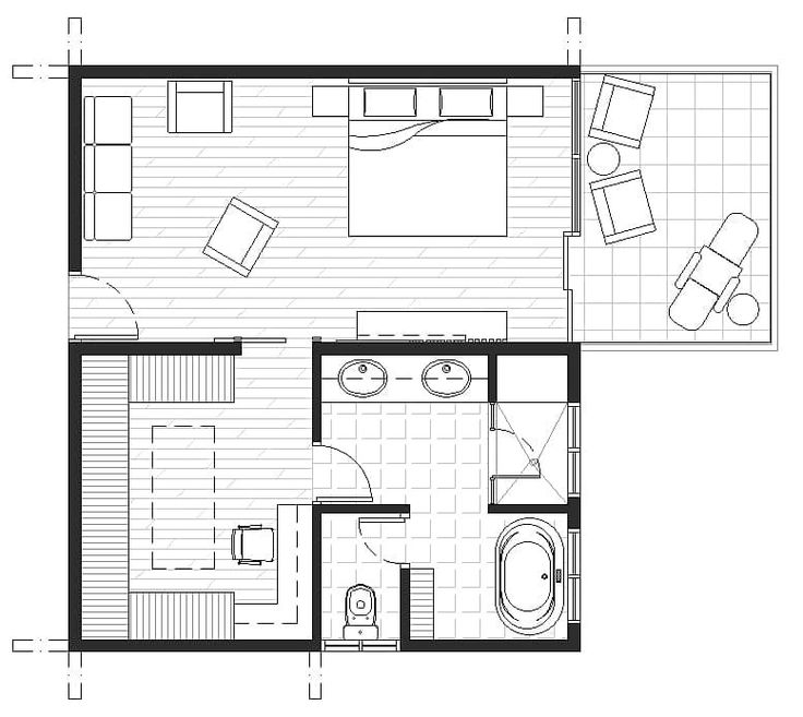 the floor plan for a small apartment with one bedroom and an attached living room area