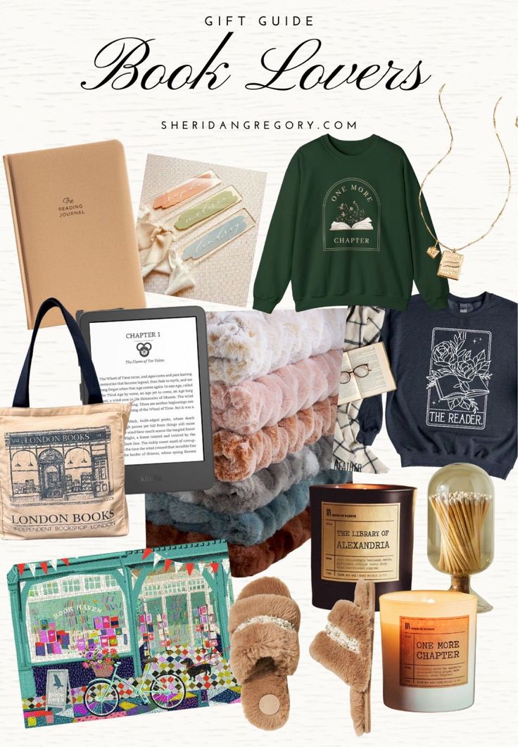 the gift guide for book lover's includes books, candles and other personal items