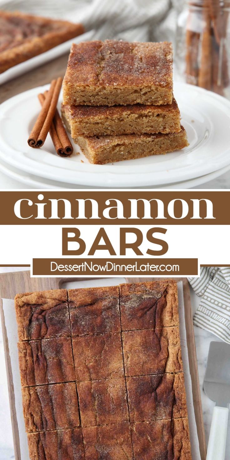 cinnamon bars stacked on top of each other with cinnamon sticks in the background and text overlay