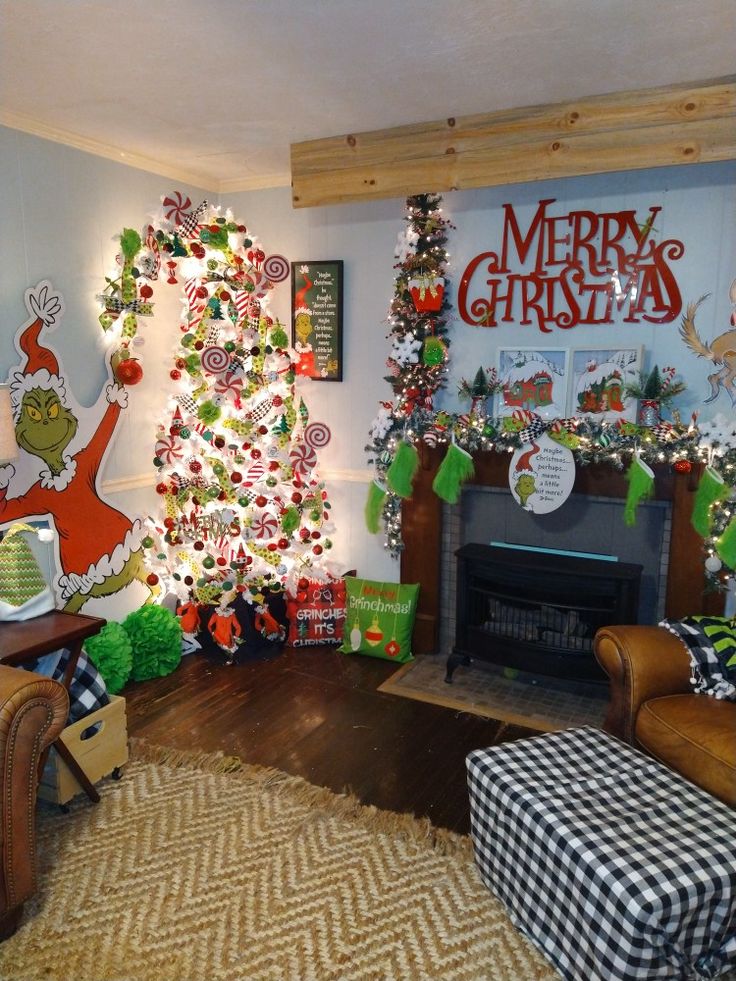 a living room decorated for christmas with decorations