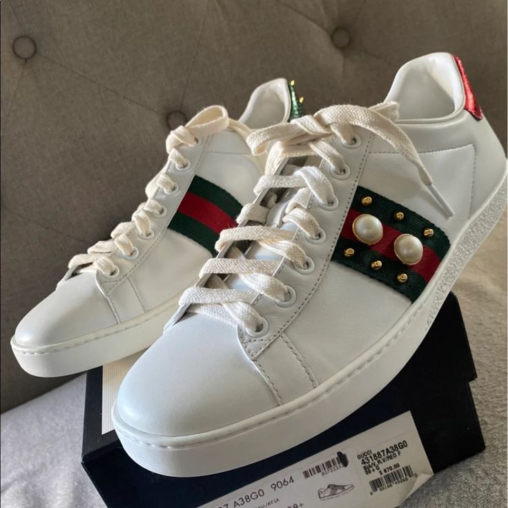 Brand New With Tags Gucci Luxury Sneakers With White Sole, Luxury Gucci Sneakers With White Sole, Luxury Gucci Sneakers, Gucci Calf Leather Sneakers, White Gucci Sneakers In Calf Leather, Gucci White Calf Leather Sneakers, White Gucci Calf Leather Sneakers, Gucci Luxury Custom Sneakers With Rubber Sole, Luxury Gucci Sneakers With Rubber Sole