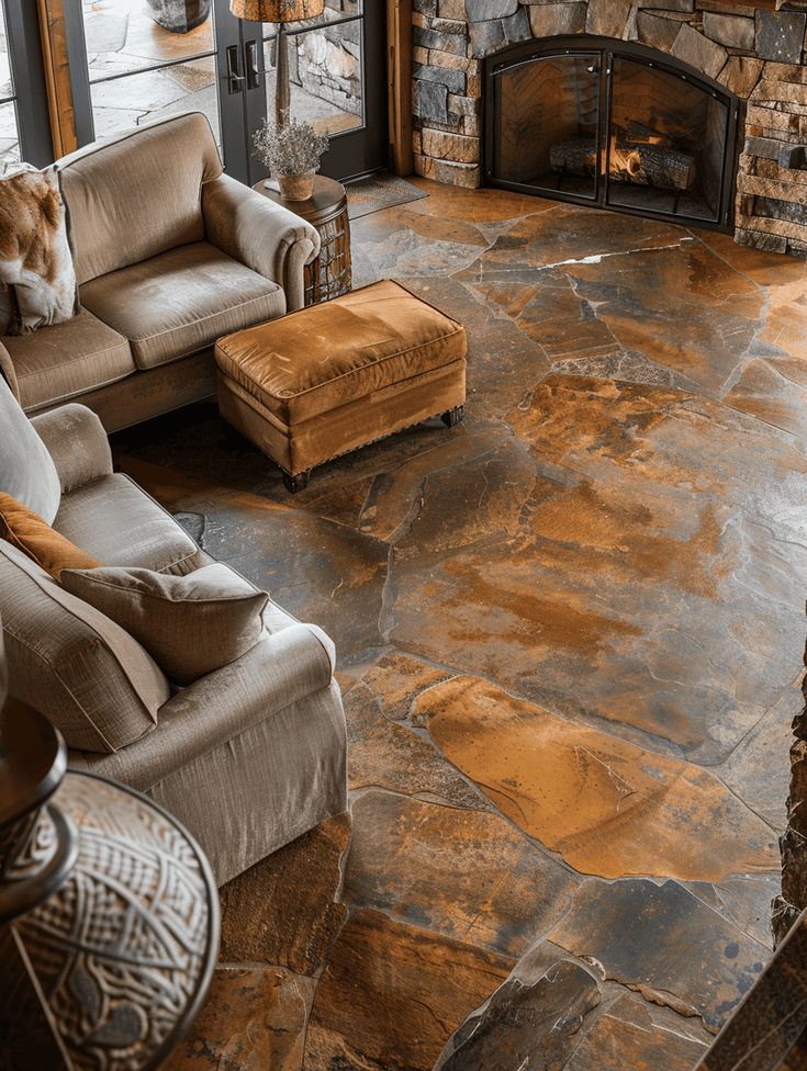 a living room filled with furniture and a fire place next to a stone fireplace covered in logs