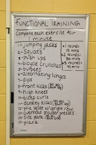 a white board with writing on it in front of a yellow brick wall that says functional training complete each exercise for 1 minute