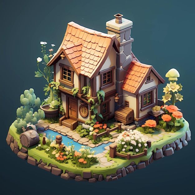 a small house on an island with flowers and trees