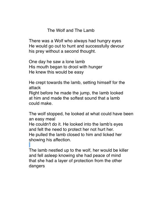 the wolf and the lamb poem in english, with an image of a cat on it