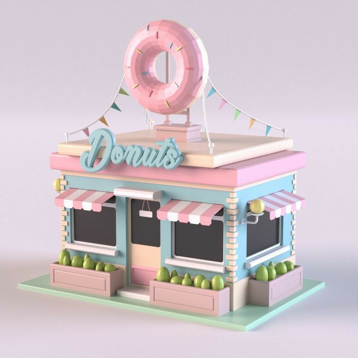 the donut shop is painted pink, blue and green with bunting on it