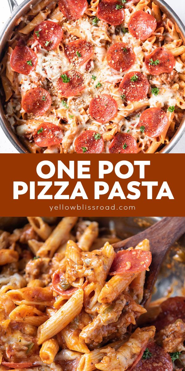 one pot pizza pasta is an easy and delicious dinner that's ready in less than 30 minutes