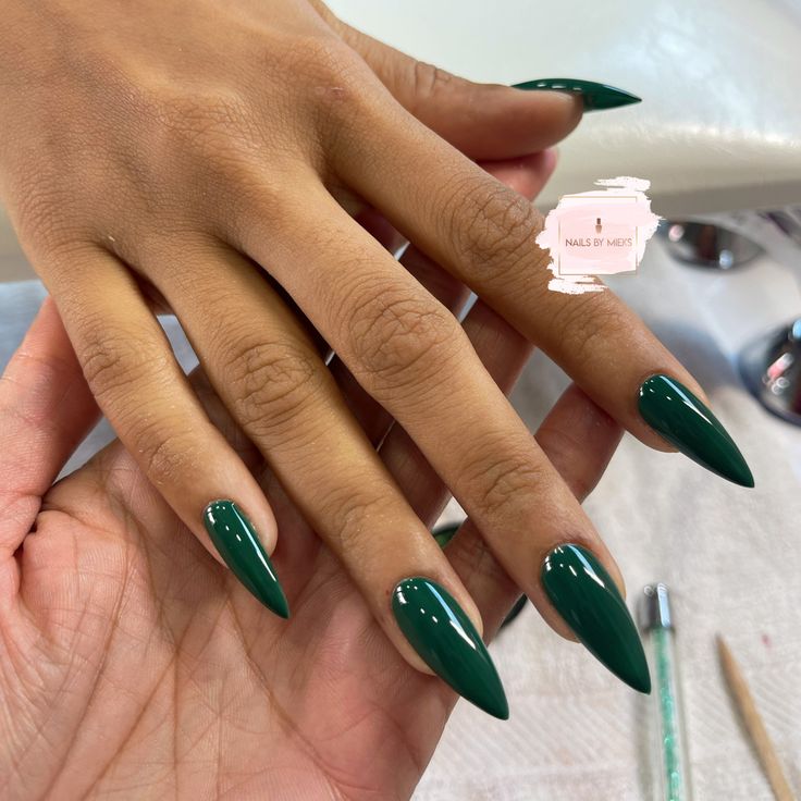 Green Pointed Nails, Long Almond Acrylic Nails Green, Dark Green Pointy Nails, Forest Green Stilleto Nails, Emerald Green Coffin Acrylic Nails, Green Stelito Nails, Green Stilletos Nails, Green Stiletto Acrylic Nails, All Green Nails