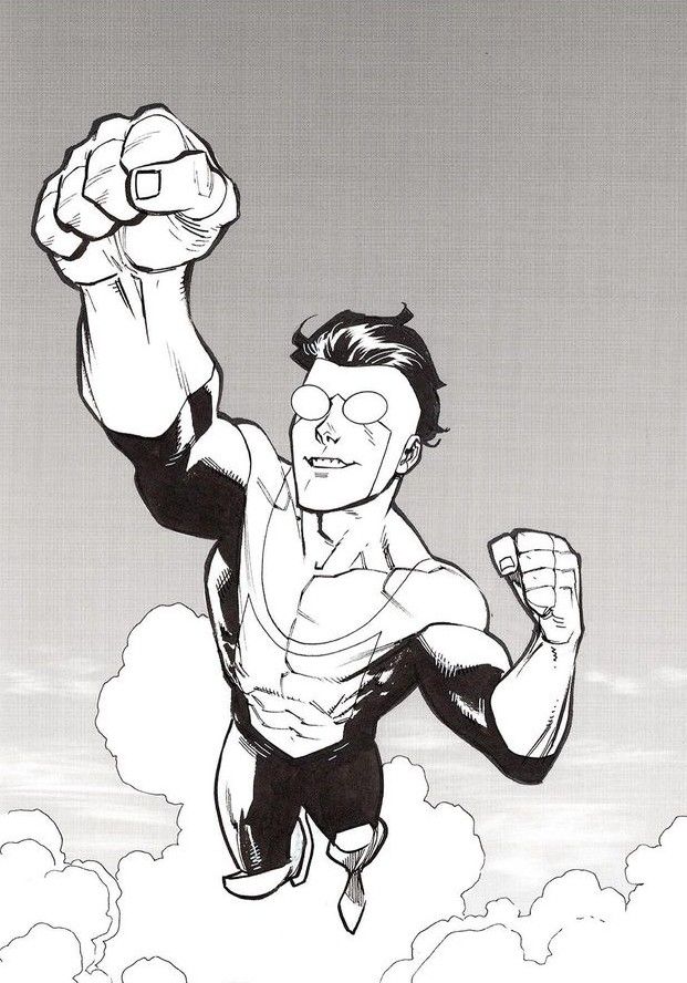 a drawing of a man flying through the air with his fist up in the air