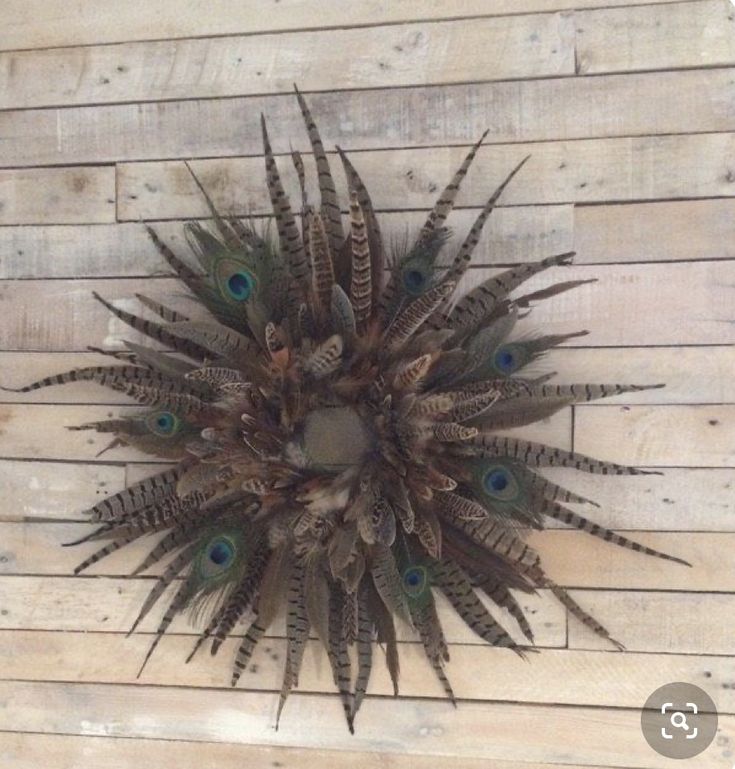 a clock that is on the side of a wooden wall with peacock feathers around it