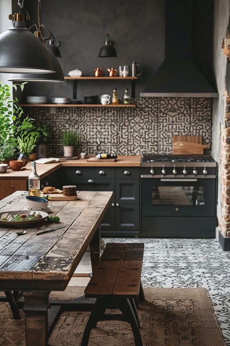 a kitchen with an oven, table and potted plants on the counter top in front of it