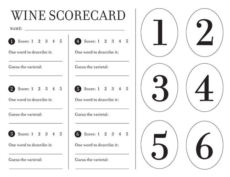 a wine score card with numbers for each one and two on the front, four in the back