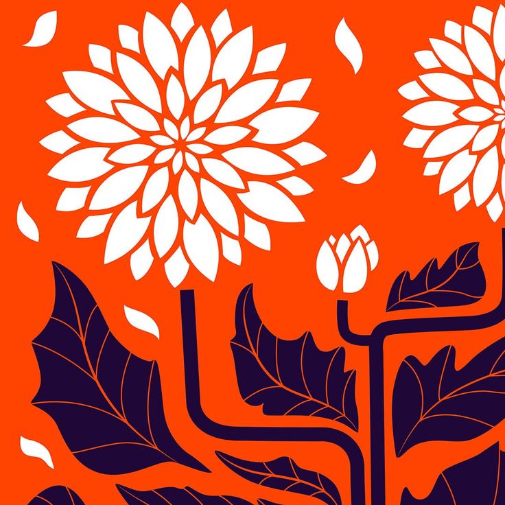 an orange background with blue and white flowers on the left side of the image,