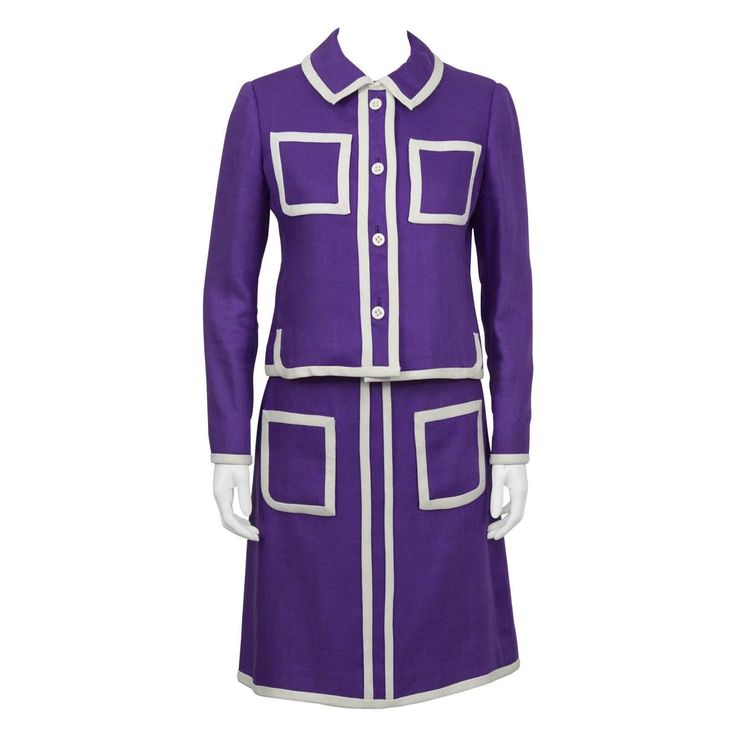 Adorable Donald Brooks purple linen 3-piece skirt suit from the 1960's. The suit is detailed throughout with white piping along the hem, collars, and pockets. The crop-style jacket buttons down the front with cream buttons. The matching shell has a split neckline and fastens up the back. Banded A-line skirt zips on the back left hip and is finished with two front patch pockets. In pristine condition. You are going to fall in love with this! Fits a US 4. Jacket: Length 21.5" Bust 37" Waist 34" Top: Length 21" Bust 37" Waist 35" Skirt: Length 22" Waist 28" Hips 34" Suits Outfits, Purple Linen, Fashion 1960s, Contemporary Wardrobe, Vintage Suits, Couture Vintage, Fashion 101, 1960s Fashion, Cropped Style