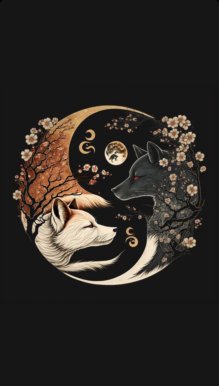 an image of two wolfs in the night with moon and flowers on it's back