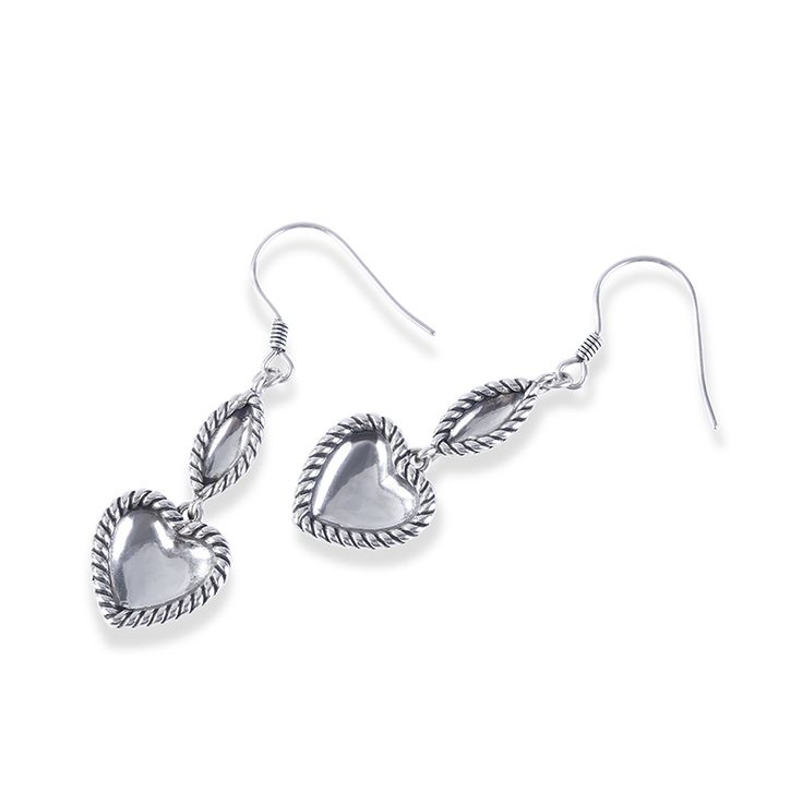 Celebrate your life with this pair of dainty earrings. Crafted in oxidized silver, the necklace shows unique and pristine beauty with its exquisite workmanship. The earring features a heart drop under a marquise-shape frame. Rope design adorns the drop to make it unique. Treat yourself or surprise her with this simple but beautiful piece.Weight: 5.82 gWidth: 12.3 mmHeight: 26 mmThickness: 3.5 mmMaterial: Plating Color: Silver Elegant Nickel Free Double Heart Jewelry, Elegant Nickel-free Double Heart Jewelry, Sterling Silver Dangle Jewelry With Heart Charm, Silver Pendant Earrings For Valentine's Day, Sterling Silver Heart Charm Drop Earrings, Sterling Silver Teardrop Jewelry With Heart Charm, Oxidized Sterling Silver Drop Earrings, Elegant Sterling Silver Dangle Heart Earrings, Oxidized Finish Dangle Earrings For Anniversary