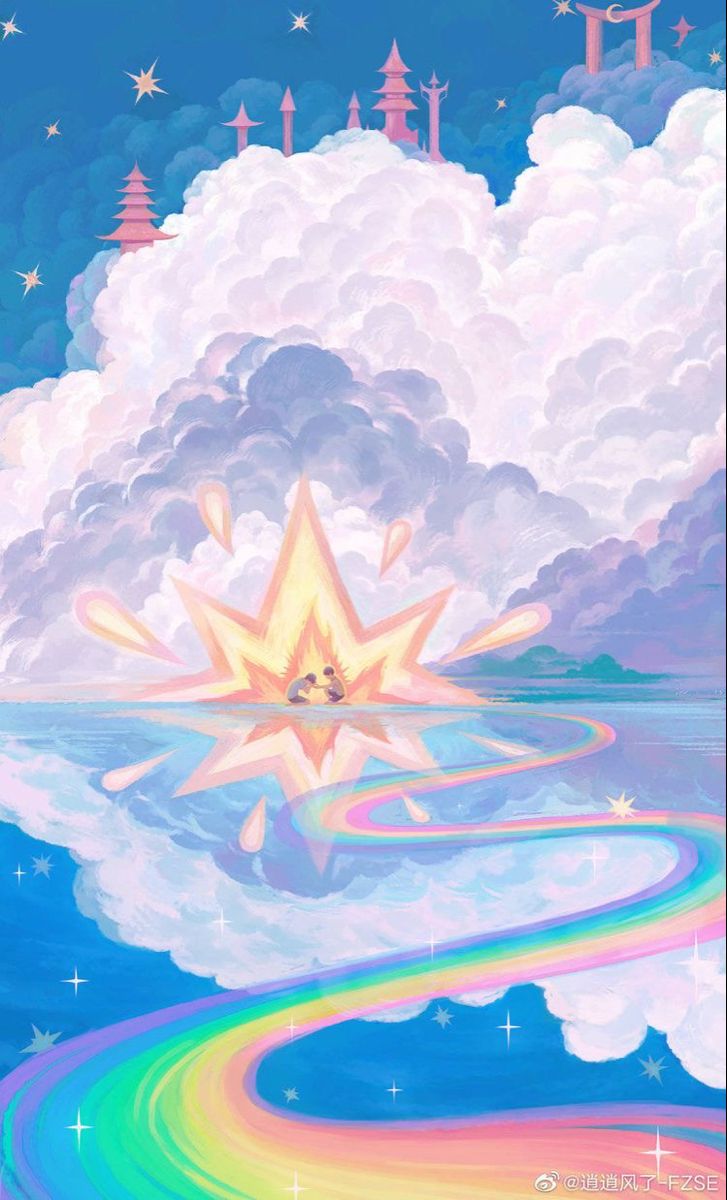 an image of a painting with clouds and rainbows in the sky above it, as if they were floating on water