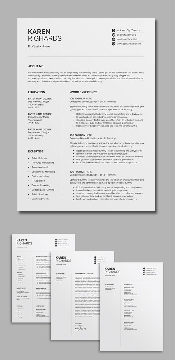 three different resume templates, one in white and the other in black on grey