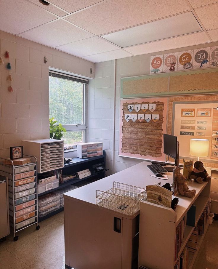 an office with many boxes and bins on the desk