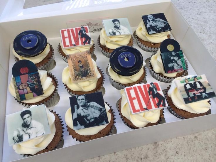 cupcakes in a box decorated with elvis presley pictures and cd disc's