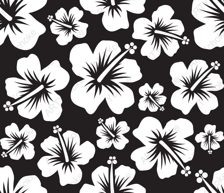 black and white hawaiian flowers on a black background