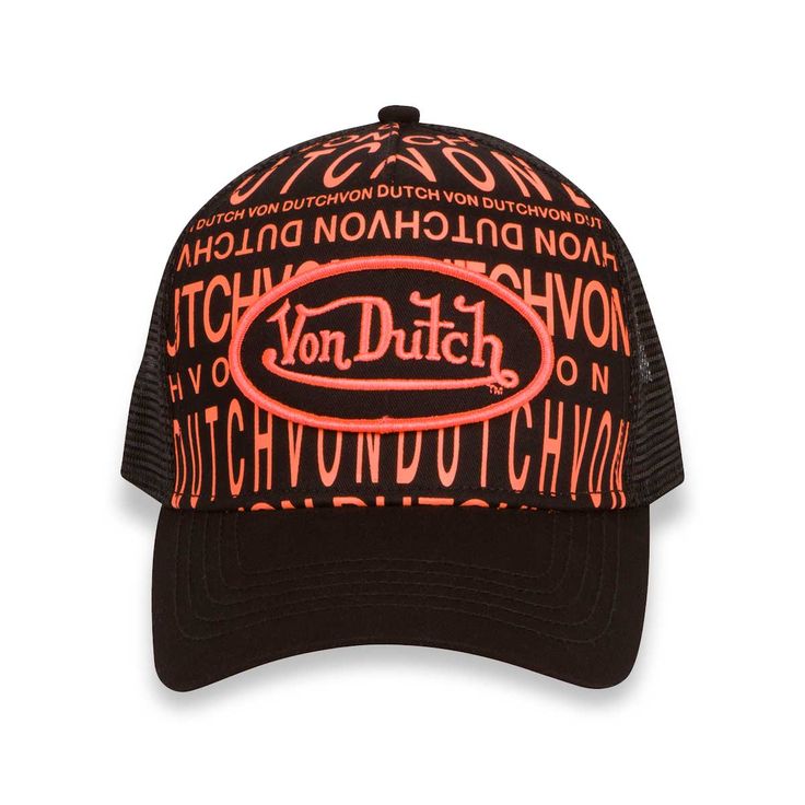 This Classic Snapback Trucker Hat by Von Dutch features our monogram logo design in Orange on Black, a signature logo patch on the front, breathable mesh rear, and an adjustable snapback panel. Black with Orange trucker cap Von Dutch logo patch Breathable black mesh rear Curved bill Adjustable snapback panel One size fits most Black Visor Hat With Logo Print, Trendy Black Trucker Hat With Embroidered Logo, Sports Hats With Logo Print And Curved Bill, Logo Trucker Hat For Streetwear With Curved Bill, Black Trucker Hat With Letter Patch For Streetwear, Casual Logo Trucker Hat Snapback, Trucker Hat With Logo Patch, Logo Trucker Hat With Curved Visor For Streetwear, Black Trucker Hat With Letter Print For Sports Events