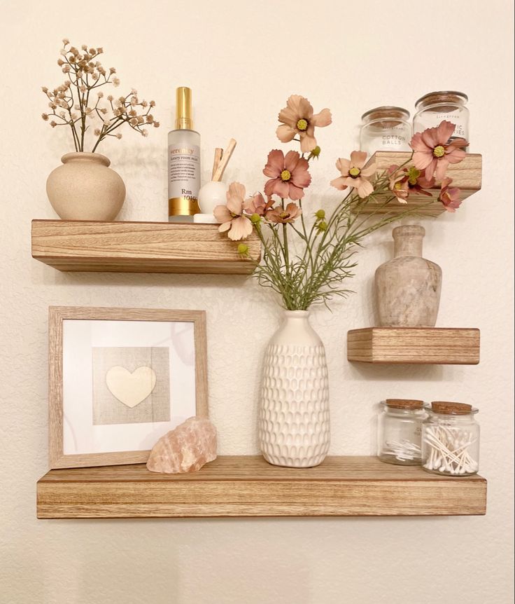 Blush Valentine’s Day Decor for Bathroom Shelves Boho Floating Shelf Decor Bedroom, Bathroom Storage Display, Decorate Shelf Bedroom, Small Floating Shelf Decor Living Room, Dainty House Decor, Cute Simple Bathroom Decor, Guest Bathroom Ideas Brown Cabinets, Pretty Shelf Decor, Spring Decor Bathroom