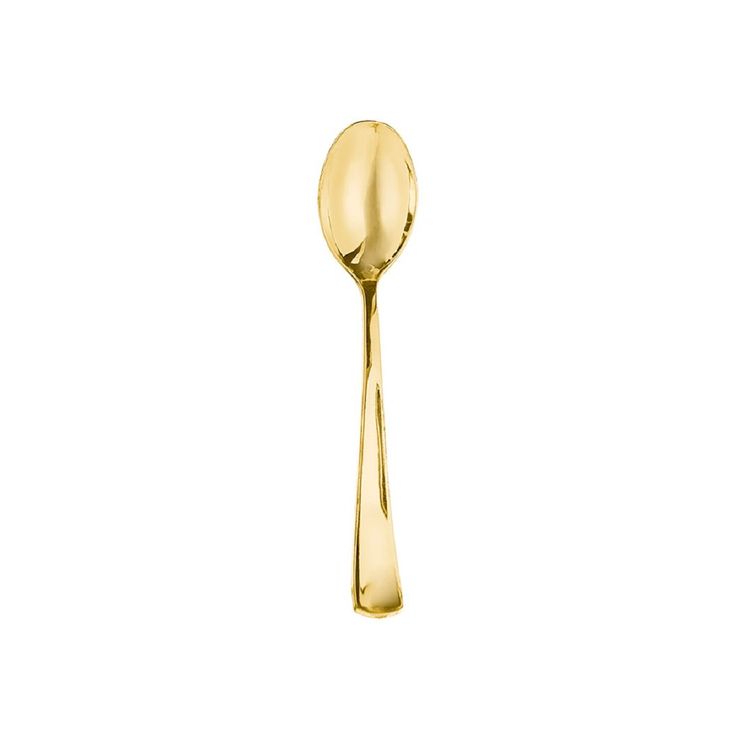 a gold spoon with a long handle on it's end, against a white background