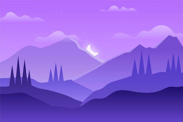 a purple landscape with mountains and trees at night