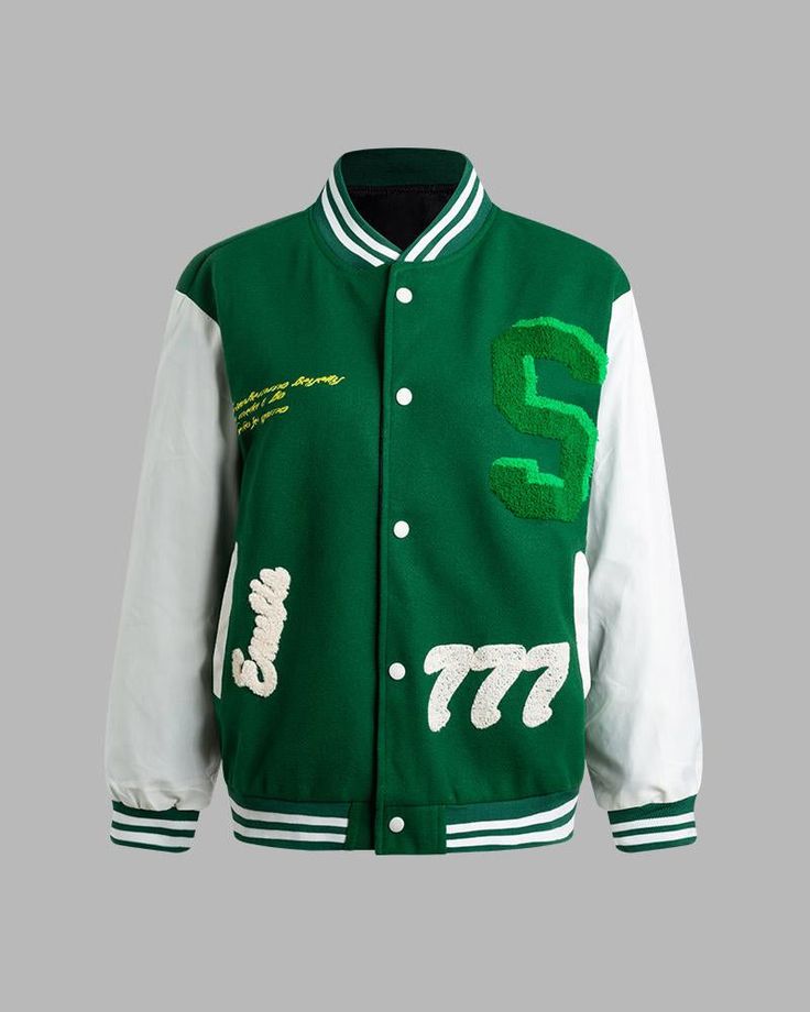 Details: Green baseball jacket with letter embroideryTop Length: NormalSleeve Length: Long SleevesMaterials:95% Polyester + 5% Spandex Spring Casual Varsity Jacket For College, Fall Crew Neck Outerwear With Letter Embroidery, Trendy Varsity Jacket With Baseball Collar For Spring, Spring Cotton Varsity Jacket With Embroidered Graphics, Trendy Long Sleeve Varsity Jacket For Sports, Trendy Letter Print Varsity Jacket For Sports, Hooded Varsity Jacket With Letter Embroidery For Fall, Trendy Varsity Jacket With Letter Print For Sports, Fall Hooded Varsity Jacket With Letter Embroidery