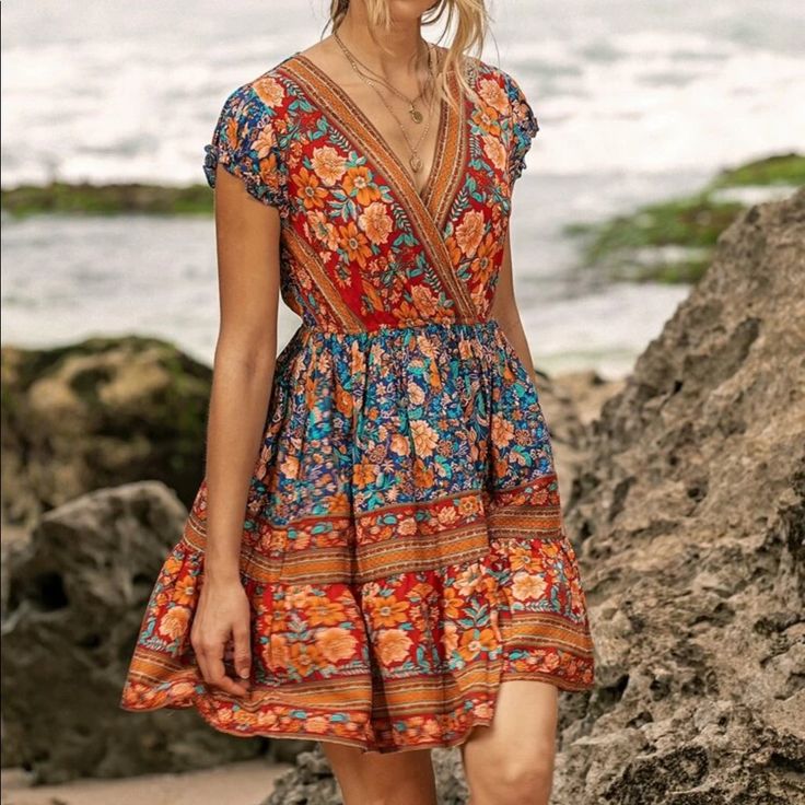 Women Dress Summer Floral Dresses, Estilo Hippie, Bohemian Dresses, Shein Dress, Womens Floral Dress, Boho Dresses, Ruffle Mini Dress, Ruffle Hem Dress, Neck Ruffle