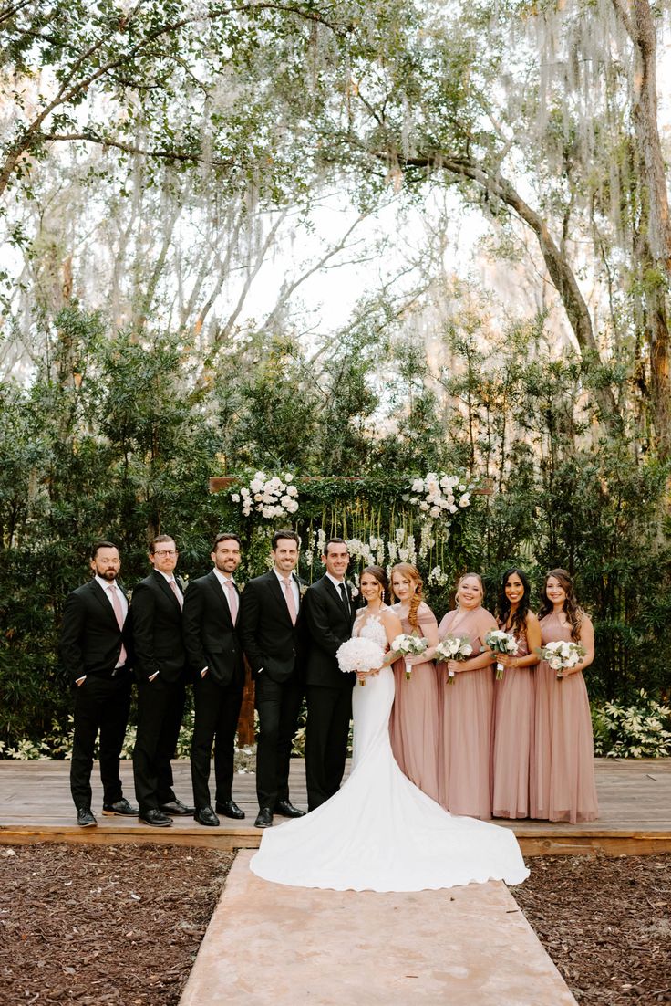 a bride and groom with their bridal party