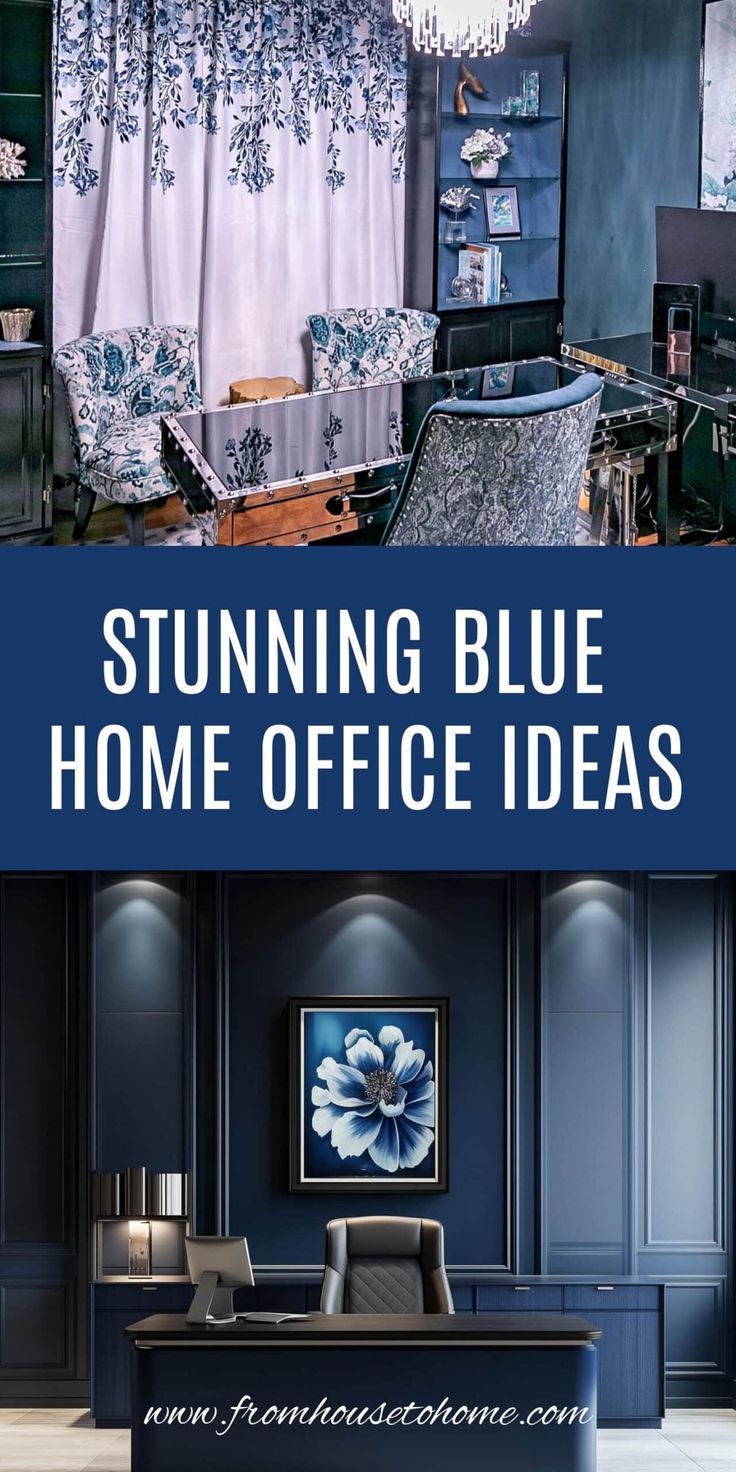 stunning blue home office ideas Blue Office Guest Room, Coastal Blue Home Office, Blue Home Office Ideas, Navy Blue Office Ideas, Blue And White Office, Navy Home Office, Two Person Office, Diy Wall Unit, Blue Office Decor