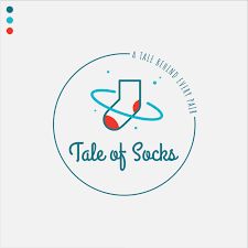 the tale of socks logo is shown in blue and red, on a white background