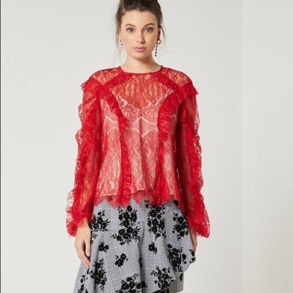 Delicately Feminine, The Rose Blouse By Elliatt Is Cut From A Gorgeous Chantilly Lace Fabrication In A Striking Hue. Style With The Bottom Of Your Choice Or Layer Under A Slip Dress For An Effortlessly On-Trend Ensemble M-B.061 L-B.062 Party Lace Tops With Floral Print, Red Ruffled Tops For Evening, Red Lace Top For Spring, Red Floral Print Party Blouse, Elegant Red Top With Lace Trim, Elegant Red Tops With Lace Trim, Elegant Red Lace Trim Top, Elegant Red Lace Top, Chic Red Lace Top