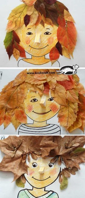 two pictures with leaves on them and one has a child's face made out of leaves