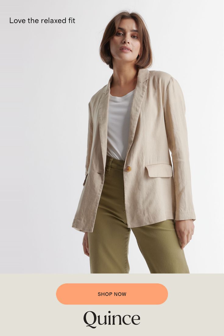 Who doesn't want to throw on the effortless look of linen to top off their outfit? The single-breasted European Linen Blazer is here to do just that. Relaxed fit, functional pockets, breathable, and lightweight. We love her for work, vacation, and weekends—versatile is an understatement.  | Quince | Women's 100% European Linen Blazer in Driftwood, Size Small Casual Single Button Linen Blazer, Casual Linen Single Button Blazer, Casual Single Button Linen Outerwear, Linen Blazer For Work, Solid Linen Blazer For Work, Linen Blazer For Workwear, Summer Linen Blazer In Neutral Color, Casual Linen Single Breasted Blazer, Neutral Summer Blazer With Pockets