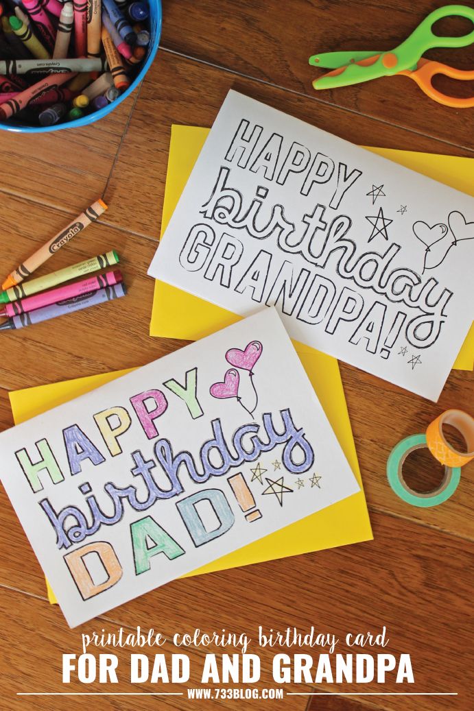 two birthday cards with the words happy birthday dad and grandpa on them, surrounded by colored crayons